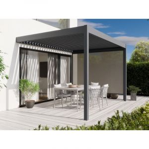 Direct Abris - Pergola Bioclimatique Aluminium Adossee 12m2 - 3x4m - Store lateral inclus - 29 lames en Acier Galvanisé Inclinables a 90° - Tonnelle