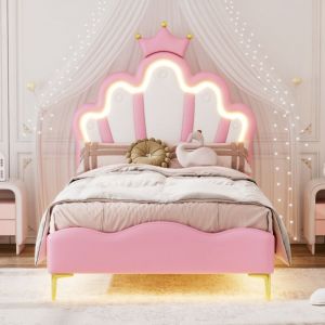 Lit simple 90x200 cm,Lit princesse couronne, avec &eacute;clairage LED, similicuir, style scandinave, sommier &agrave; lattes, lit enfant,Rose
