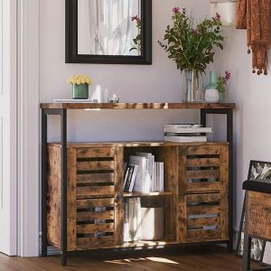 Meuble de rangement, Buffet, Meuble de cuisine, avec placard et &eacute;tag&egrave;res, portes &agrave; persiennes, 100 x 35 x 81,5 cm, style industriel, Marron rustique