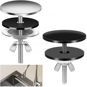 Lot de 2 Cache Trou Evier, Couvercle Trou Robinet Inox, Couvercle Trou Evier Cuisine, Pour Cuisine, Salle de Bain (Argent + Noir)