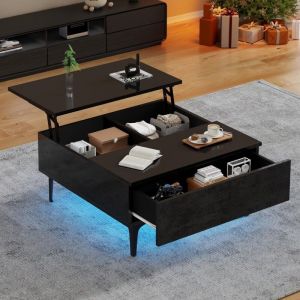 Table basse fixe carrée 70x70 cm, moderne table pour salon, plateau relevable hydraulique, avec éclairage led réglable et tiroir - Noir