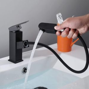 Mitigeur Lavabo avec Douchette Extractible &ndash; Robinet Salle de Bain Noir, Design Moderne, Hauteur 18 cm