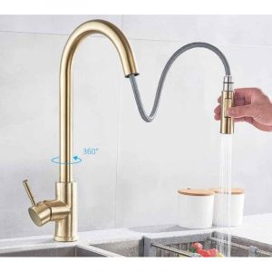 [JAMAIS UTILIS&Eacute;] Robinet de Cuisine avec Douchette Extractible Bec rotatif 360&deg; - 2 modes d'eau - Col de cygne haut - Mono levier en laiton