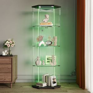 Vitrine en Verre,Vitrines d'angle en Verre avec LED,Hauteur de 162 cm Armoire de Collection en Verres &agrave; 4 Couches avec 1 Porte, vitrine tremp&eacute;