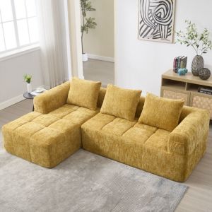 Hauss Spole - Canapé d'angle 3 places 250 × 158 × 60 cm, combinaison libre, 3 oreillers, tissu chenille, meuble de salon, jaune