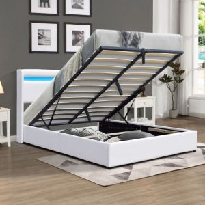 Lit coffre 120x190 avec t&ecirc;te de lit LED et 12 lattes - montage rapide et facile - rev&ecirc;tement PVC simili facile d'entretien - design moderne - gain de