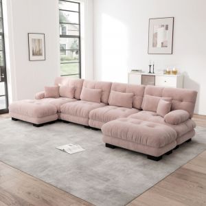 Canap&eacute; d'angle 4 places avec 6 coussins, canap&eacute; en U, tissu chenille, rembourrage en mousse, meuble de salon, 406 &times;145&times;81cm, rose