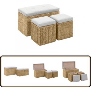 Banc avec 2 poufs Jacinthe d'eau Gris - Banc Coffre - Banc Ext&eacute;rieur - Mobilier De Jardin - Set Banc Pouf - Jacinthe D'eau