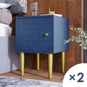 Retrok - Lot de 2 Table de chevet d&eacute;cor &eacute;cailles de poisson - 1 porte, pieds m&eacute;tal - 55x35x35cm - Bleu
