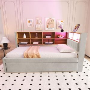 Canap&eacute;-lit 90200, lit escamotable 90190 avec &eacute;clairage LED, prises de courant et multiples compartiments de rangement, flanelle, gris clair.