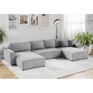 Tendencio - Canap&eacute; d'angle panoramique convertible vella en velours c&ocirc;tel&eacute; gris clair