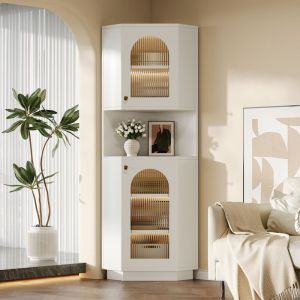 Colonne de salle de bain, avec bande lumineuse, meuble de salle de bain, meuble d'angle avec deux compartiments de rangement, avec &eacute;tag&egrave;res