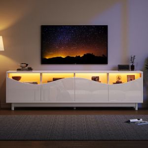 Janzdiys - Meuble tv avec lumière led éclairage, porte en verre trempé, 175 x 38 x 51 cm, meuble télé pour chambre, 4 espaces de rangement , grande