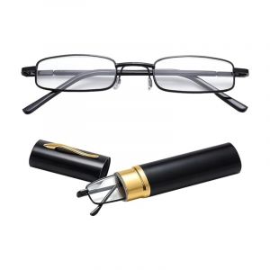 Lntyq Mini lunettes de lecture pliables,Mini-lunettes de lecture étroites en métal à charnière à ressort Aide à la lecture unisexe avec étui,Noir,2.0