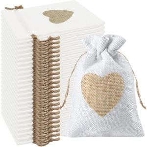 24Pcs Motif de Coeur Sachets en Toile de Jute Pochettes 10x14CM, pour Dragees Mariage pour Bonbons Adeaux Cadeau Bapt&ecirc;me Anniversaire No&euml;l Petit