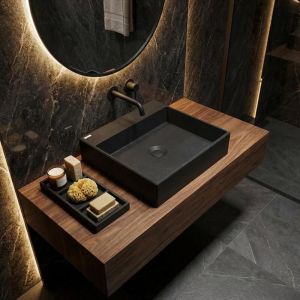 Lavabo carr&eacute; en granit avec plan de travail 40x40 cm noir - Sofyro