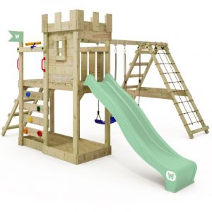 Wickey - Structure à grimper GateFlyer Aire de jeux avec balançoire et annexe à grimper, raccordement à l'eau, filet à grimper, télescope, bac à