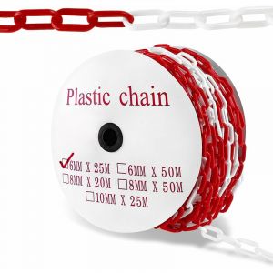 Cha&icirc;ne de barri&egrave;re de 25 m, cha&icirc;ne en plastique rouge et blanc, cha&icirc;ne d'avertissement en plastique de 6 mm d'&eacute;paisseur, cha&icirc;ne de s&eacute;curit&eacute; de