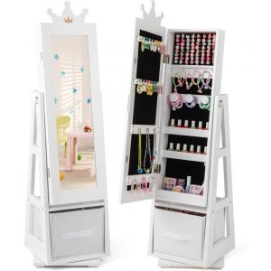 Armoire a Bijoux Enfant Fille, 3 en 1 Armoire à Bijoux avec Miroir sur Pied, Organiseur de Bijoux Pivotante avec Tiroir Pliable, Anti-Basculement,