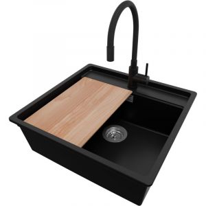 Primagran - Evier Sous Plan 56x53cm, Evier en Granit 1 bac + Robinet 40x38cm + Kit de Vidage + Planche à Découper, Évier au meuble 60cm - Bergen, Noir