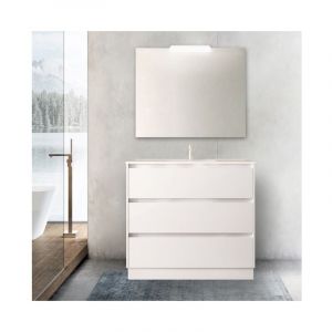 Abitare - Meuble de salle de bain sur pied en bois blanc brillant 100 cm avec vasque en porcelaine - Nova - Avec miroir et lampe led