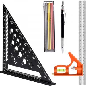 Equerre Menuisier 180MM, Règle d'Angle de Combinaison 300MM, Equerre Charpentier avec Niveau à Bulle et Crayon Chantier pour Tracé, Mesure, Marquage