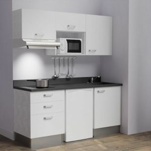 Kitchenette K20L - 180 cm - emplacements frigo, micro-ondes et hotte-Blanc-Nero-évier à droite