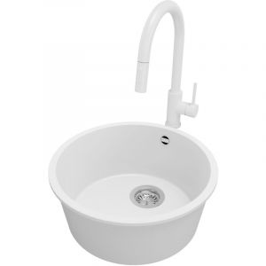 Primagran - Evier cuisine Granit Rond 46x46cm, Evier 1 bac + Robinet 40x20cm + Kit de Vidage, Lavabo Cuisine au meuble 50cm - La Valette Slim, Blanc