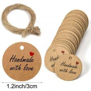 100PCS Papier Kraft Etiquette &Eacute;tiquettes Cadeau 3x3cm &Eacute;tiquette Ronde Etiquettes Kraft &Eacute;tiquette de Mariage avec Ficelle pour Dragees No&euml;l