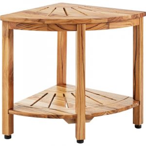 Mophorn Banc de douche d'angle en teck, hauteur 18,5", rayon 15,5", 100 % bois de teck, résistant à la moisissure, capacité de 226,8 kg avec étagère