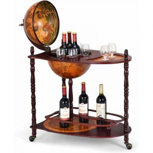 Costway - Bar Globe Terrestre Vintage Mappe Monde en Bois d'Eucalyptus avec Roulette pour Stocker Bouteilles et Verres Porte-Bouteille