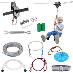 Vevor Tyrolienne pour Enfants et Adultes 18,3 m Kit de Tyrolienne Complet Charge 272 kg Configuration Facile avec Frein a Ressort Ceinture et Harnais