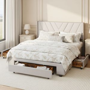 Lit adulte 140x190, lit 140x190 - lit double avec tiroirs - lit capitonn&eacute; 2 places - 3 tiroirs, sommier &agrave; lattes - lin Beige