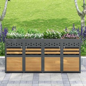 Cache-poubelle 4 bacs avec toit v&eacute;g&eacute;talis&eacute;, 120-240 L, portes bois anthracite, extensible, coffre rangement 264x80x125 cm - Poubelles non incluses