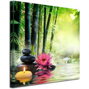 DECLINA, Tableau toile imprimée Zen, Tableau zen bougie et galet sur forêt de bambou, 30x30 cm