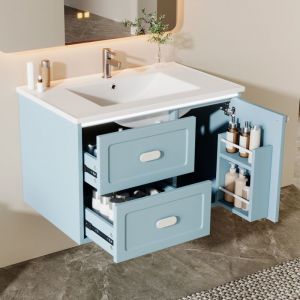 Meuble sous vasque simple mural 76 cm, Meuble Vasque Murale avec LED D&eacute;tecteur - 2 Tiroirs, Fermeture Douce - Bleu