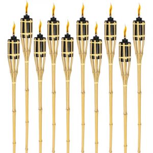 SWANEW Torche de jardin en lot de 10, flambeaux en bambou, avec m&egrave;che, &eacute;clairage d'ambiance, hauteur : 90 cm, nature