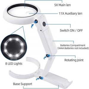 Loupe eclairante &agrave; Main sur Pied,5X 11X Loupe de Table avec Support Pliable , loupe de Lecture, loupe de Table avec lumi&egrave;re 8 LED, pour Lecture,