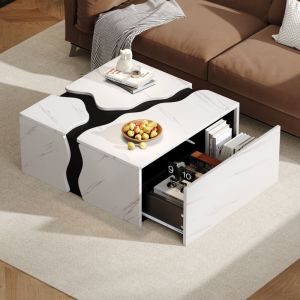 Table basse carr&eacute;e 70&times;70&times;31 cm, cube g&eacute;om&eacute;trique effet marbre, 1 tiroir, panneau de particules, blanc