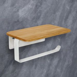 Porte Rouleau Papier Toilette Adhesif sans Percage Derouleur WC Murale avec &Eacute;tag&egrave;re en Bambou 2 en 1 Support Papier Toilette Mural avec Per&ccedil;age Blanc