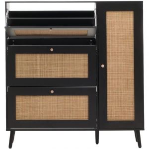 HHG - Meuble à chaussures en rotin 214, étagère à chaussures, 3 compartiments basculants 2 étagères 127x120x24cm bois mélamine, noir