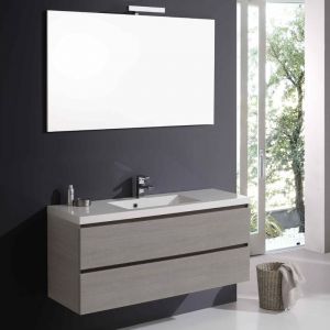 Kiamami Valentina &ndash; Meuble sous vasque simple 120 cm avec 2 tiroirs &ndash; Lavabo en marbre recompos&eacute; &ndash; Miroir 120x70 cm &ndash; &Eacute;clairage LED inclus