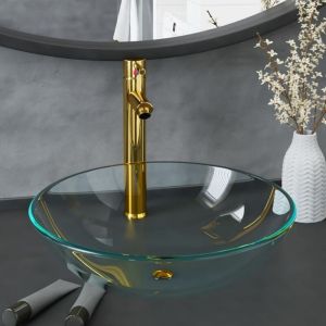 Lavabo de bain avec robinet et drain à poussoir-Vasque Verre trempé 362946