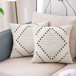 Lot de 2 Housse Coussin 45x45cm, Coussin Decoratif Boheme Taie d'oreiller Carr&eacute;e Tiss&eacute;e Moderne Pour Canap&eacute; Chambre Salon, Noir et Blanc