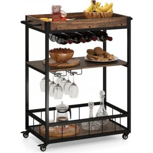 Chariot de Bar, Chariot de Service de Cuisine avec Plateau Amovible, Casier à Vin et Porte-Verres, à 3 Niveaux sur roulettes, Desserte de Style