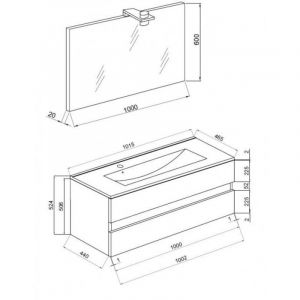 Abitare - Meuble de salle de bain suspendu 100 cm en bois de ch&ecirc;ne gris avec vasque et miroir - Empoli - Avec miroir et lampe led