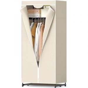 COSTWAY Penderie Tissu Garde Robe Zipp&eacute;e avec &Eacute;tag&egrave;res 74x50x172cm,Penderie Ferm&eacute;e Armoire de Rangement avec Cadre en M&eacute;tal (Beige)