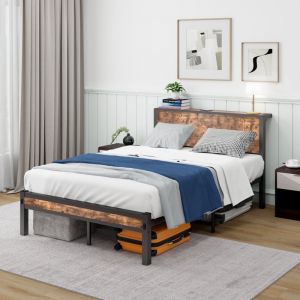 Lit 120x200 cm avec sommier en métal, lit coffre avec tête de lit de rangement, lit adulte moderne avec rangement, cadre en métal, facile à monter,