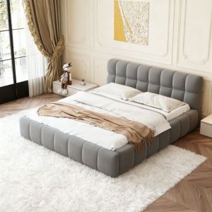 Lit 140x190, lit double, lit adulte, lit de sol, lit capitonn&eacute;, cadre de lit avec t&ecirc;te de lit, sommier &agrave; lattes, lin, gris