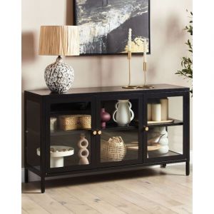 Buffet avec vitrine en verre-Meuble de rangement NEWPORT M&eacute;tal 115 cm Noir